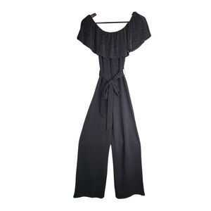 Almost Famous Black Sparkle Top Off-Shoulder Jumpsuit Wide Leg Women Size Small